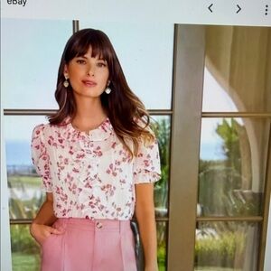 CAbi Cream Blouse with Pink & Coral Floral Ruffle Sz M